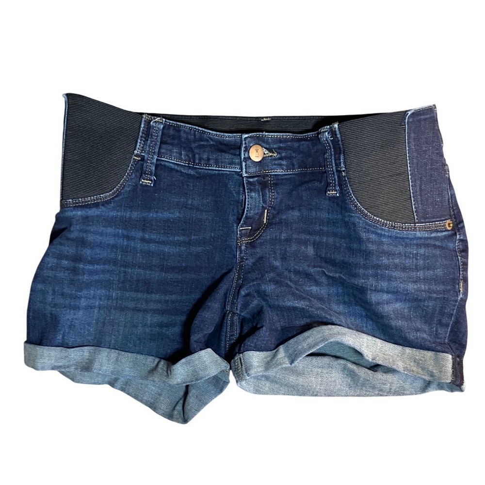 Isabel‎ Maternity Dark Wash Side Panel Midi Denim Shorts Summer Classic Stretch
